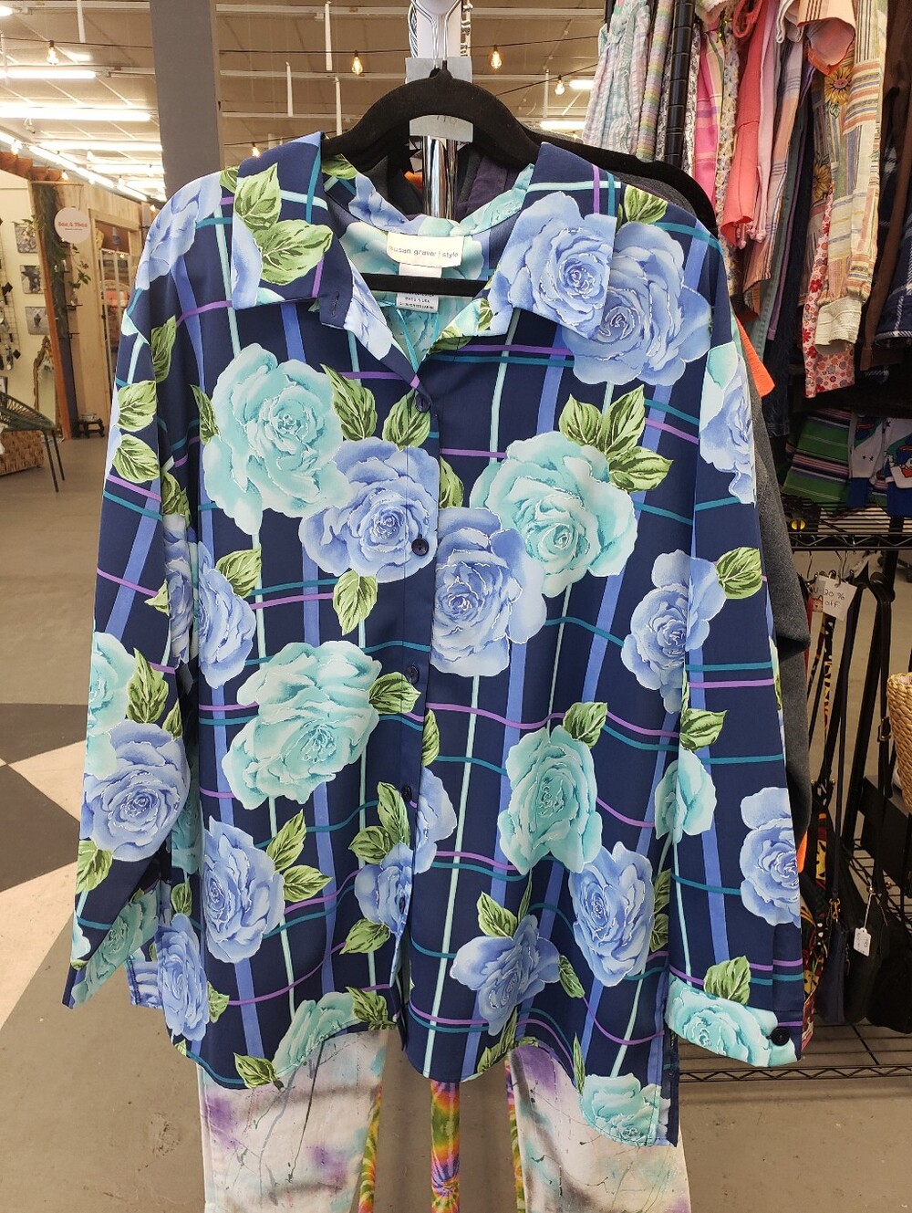 Susan Graver Floral Plaid Button Up Blouse